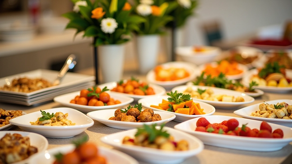 Buffet festivo com diversos pratos dispostos em tigelas brancas, flores decorativas, apresentação elegante