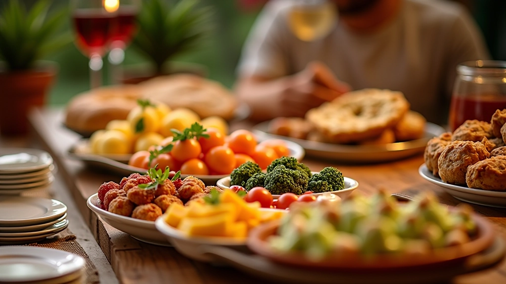 Buffet festivo com variedade de pratos em disposição harmoniosa, comida colorida em tabuleiros de diferentes alturas