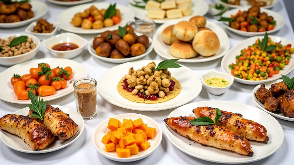 Buffet festivo português com vários pratos distribuídos estrategicamente em pratos e tabuleiros em superfície branca