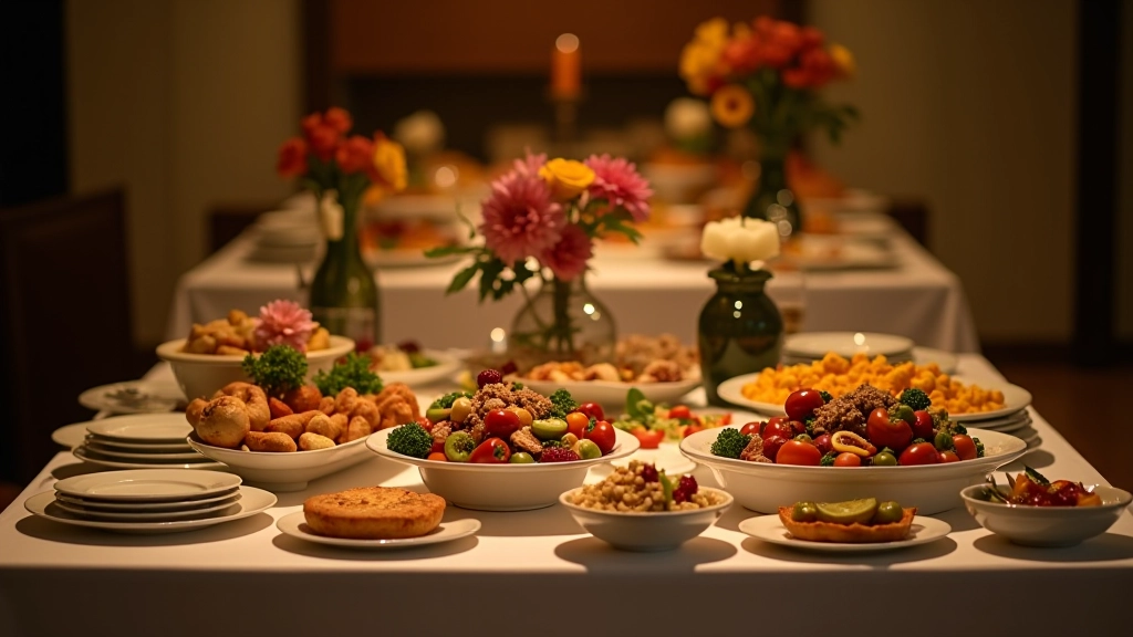 Mesa de buffet com diferentes alturas de bandejas e pratos, criando composição visual interessante com flores e decorações