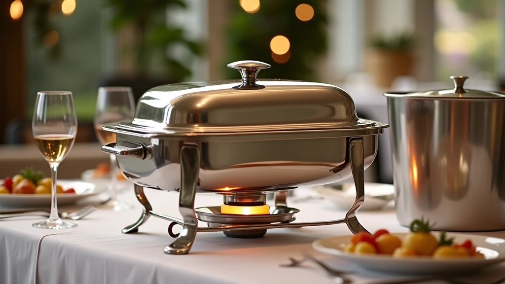 Sistema de aquecimento para buffet com rechaud, gelo e recipientes organizados de forma funcional