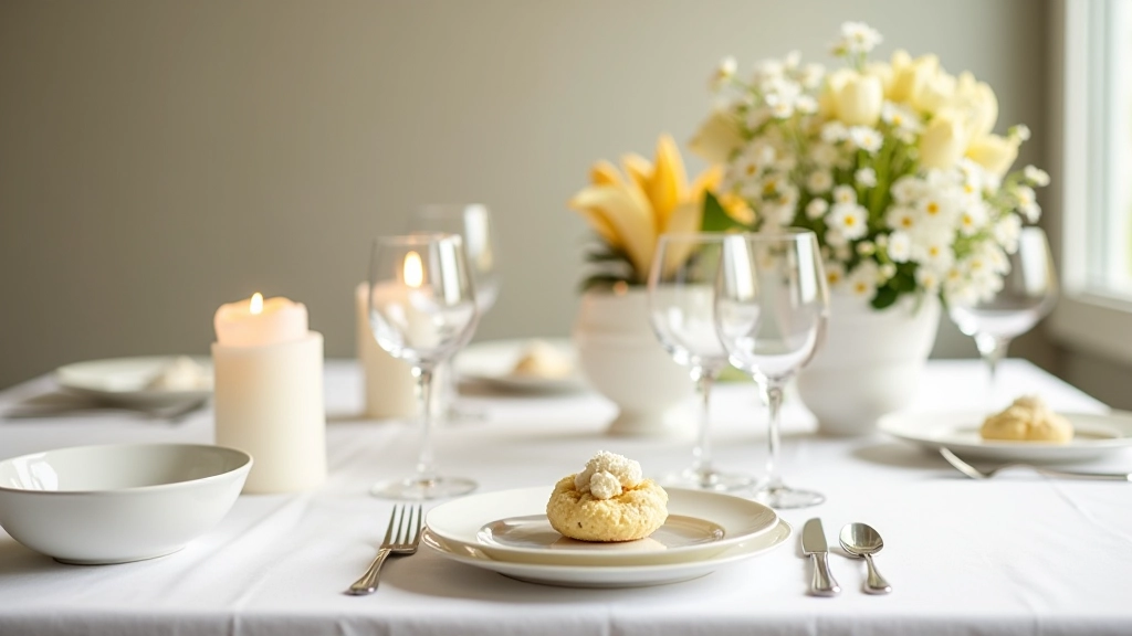 Mesa posta com talheres de prata, pano de linho branco, velas e pequenos arranjos florais naturais para Páscoa
