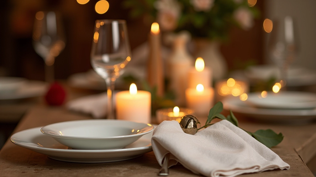 Mesa de Natal com louça de cerâmica, guardanapos de linho branco, velas, flores de bico-de-papagaio, ambiente festivo e elegante