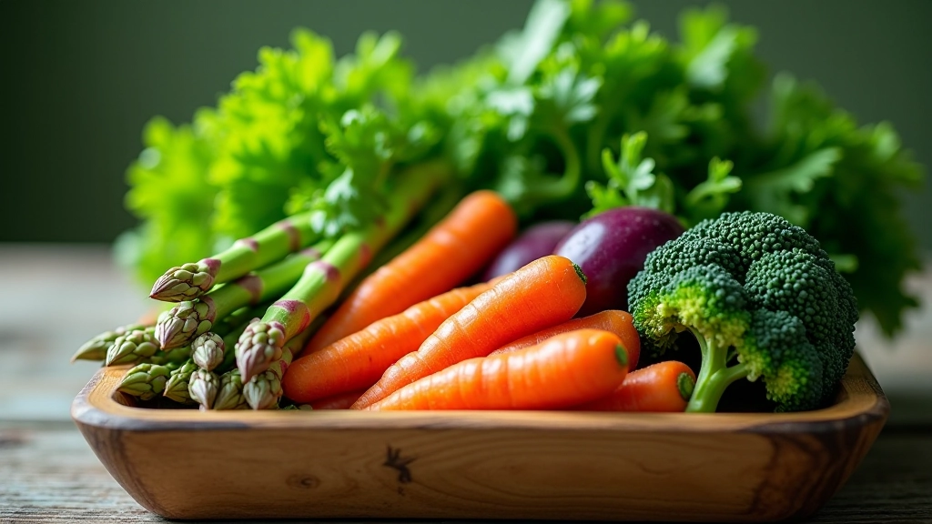 Variedade de vegetais da estação de Páscoa — espargos, cenoura roxa, brócolis verde vibrante em tabuleiro de madeira