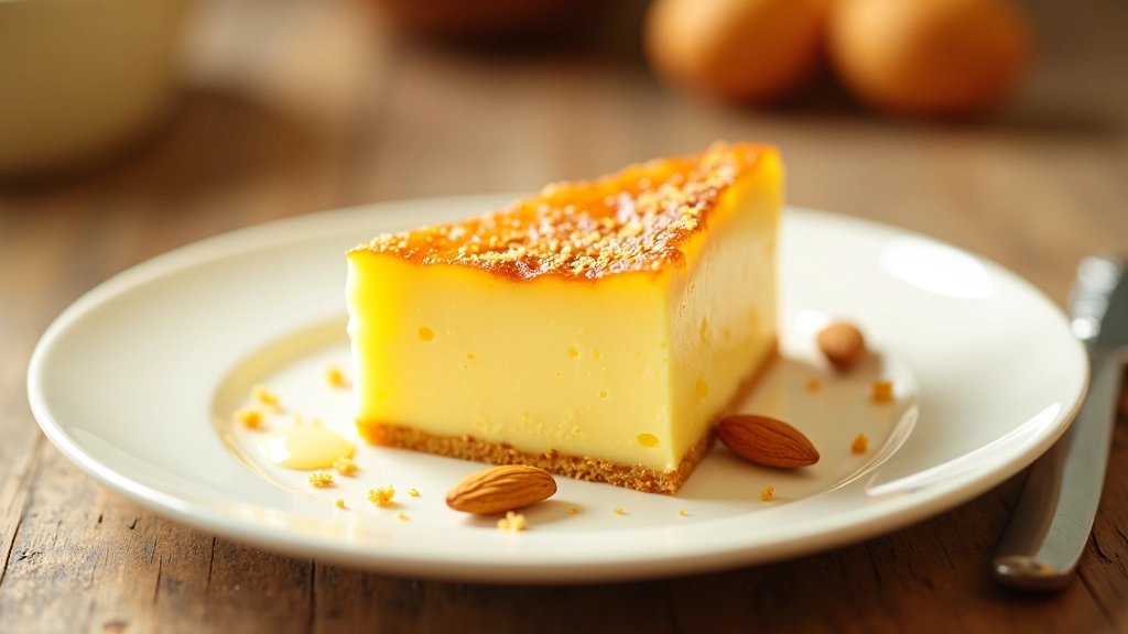 Fatia de toucinho do céu dourado em prato de porcelana branca, com decoração de amêndoas inteiras e fundo desfocado de cozinha tradicional