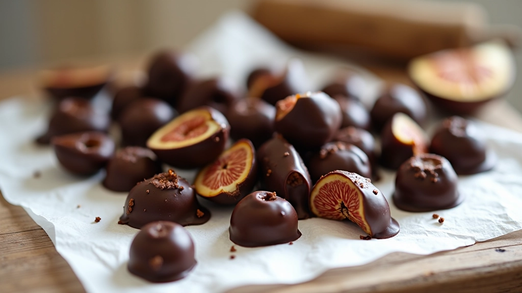 Chocolates artesanais de frutas secas dispostos em papel vegetal branco, figos, tâmaras cobertas de chocolate escuro, luz natural suave