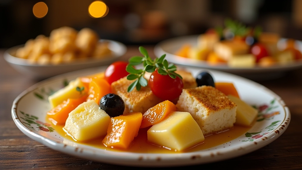 Jantar de Natal com pratos portugueses equilibrados, bacalau à Brás, castanhas douradas e sobremesa de frutas secas