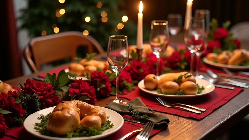 Jantar de Natal português com pratos tradicionais bem apresentados em mesa decorada com flores vermelhas e douradas