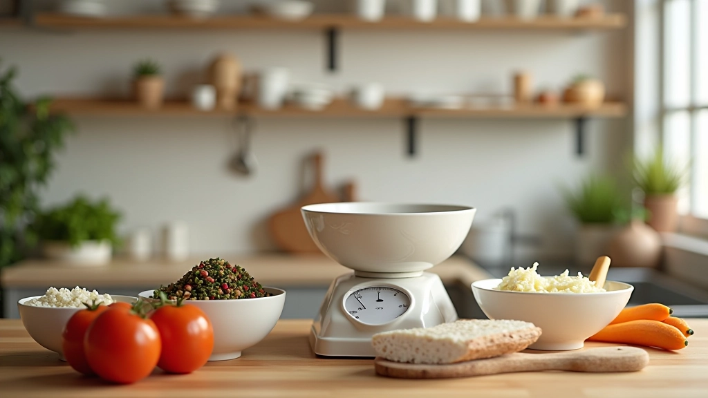Várias tigelas com ingredientes medidos e pesados, dispostas sobre balcão de cozinha com receitas e caderno de planeamento