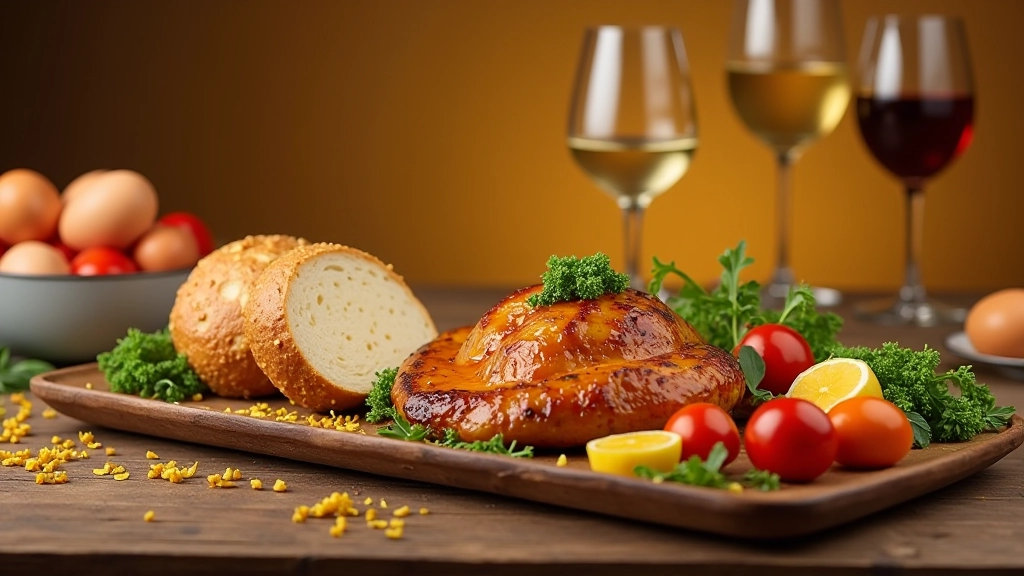 Mesa de Páscoa portuguesa com ovos coloridos, cordeiro assado, espinafres frescos e pão caseiro em apresentação festiva