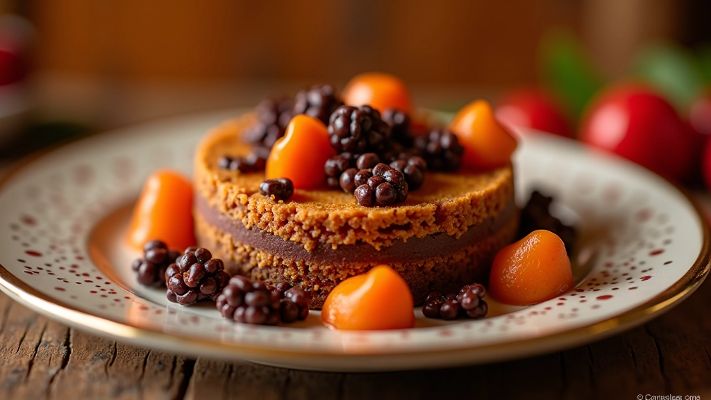 Prato com sobremesa portuguesa equilibrada, frutas secas e chocolate escuro, plano detalhado