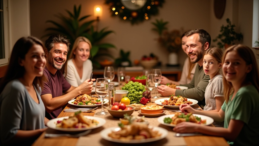 Mesa festiva portuguesa com pratos tradicionais e celebração familiar