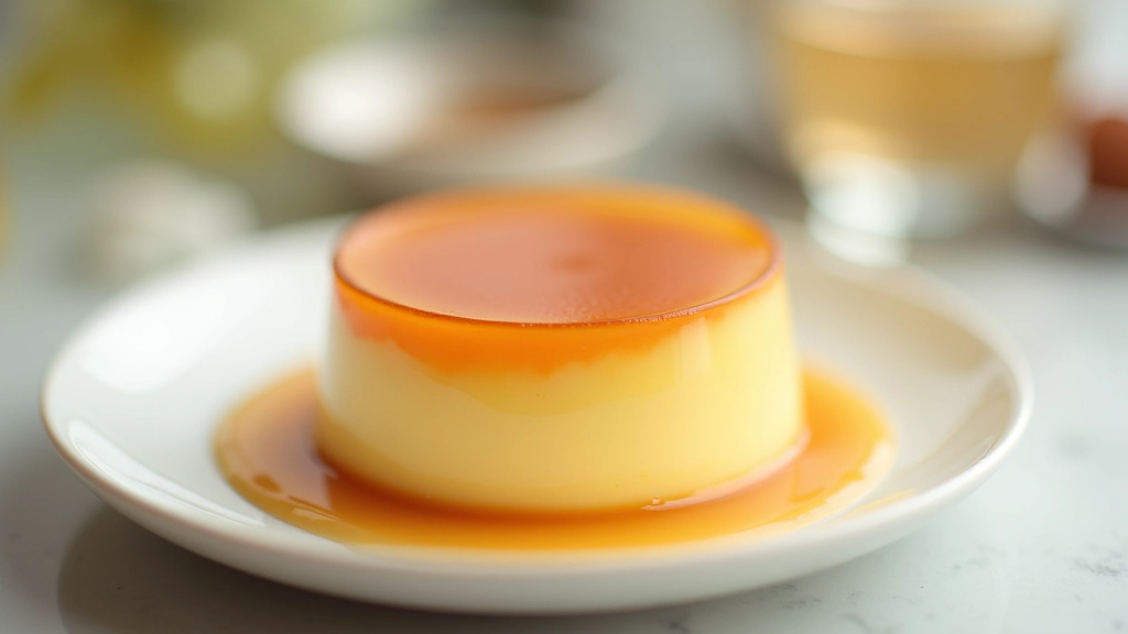Pudim português em forma de vidro transparente mostrando camada de caramelo escuro no fundo e creme dourado acima, desmoldado parcialmente em prato branco