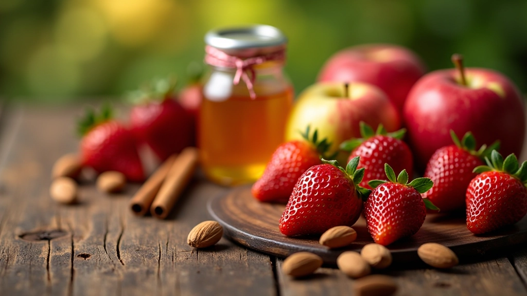 Composição de ingredientes sazonais portugueses: maçãs vermelhas, morangos frescos, amêndoas, mel em vidro, canela em pau, distribuídos em superfície de madeira rústica