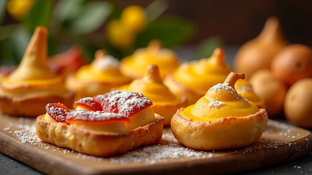 Prato tradicional português com toucinho do céu, Pastéis de Tentúgal, doces de amêndoa coloridos, apresentação requintada
