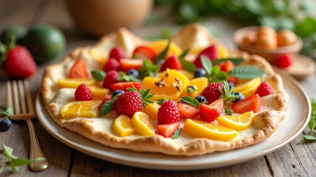 Receitas tradicionais portuguesas decoradas em prato branco com frutas sazonais frescas e elementos decorativos naturais