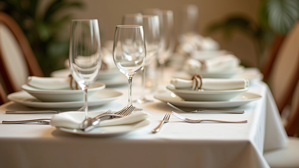 Pratos, talheres e copos dispostos em ordem lógica junto ao buffet para facilitar o serviço dos convidados